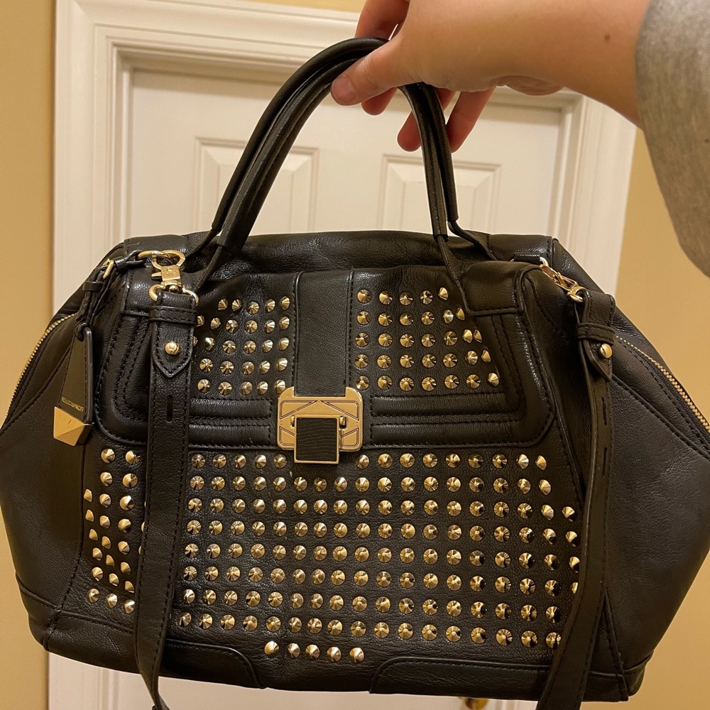 Rebecca Minkoff Collection Elle zip top bag leather black gold stud accents ELLE